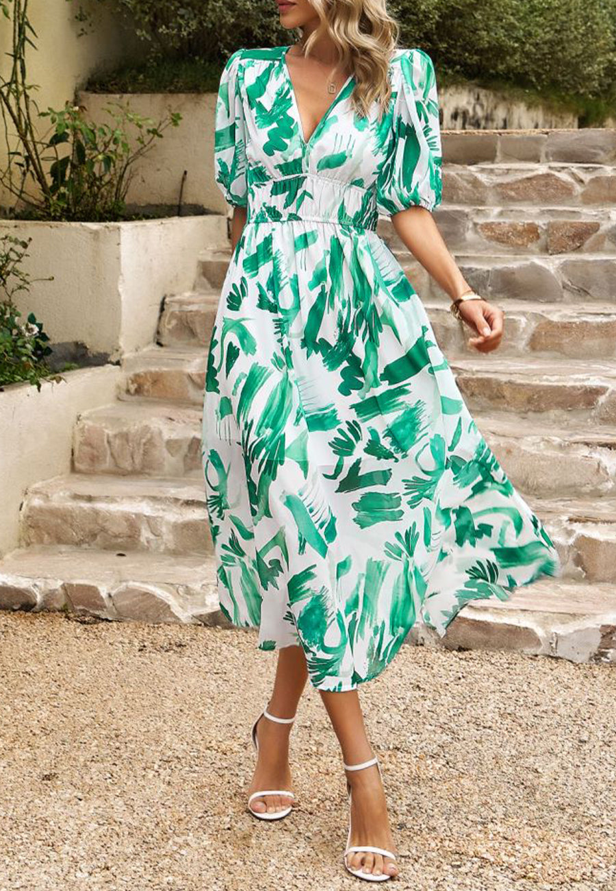 Vestido abullonado estampado con escote pronunciado