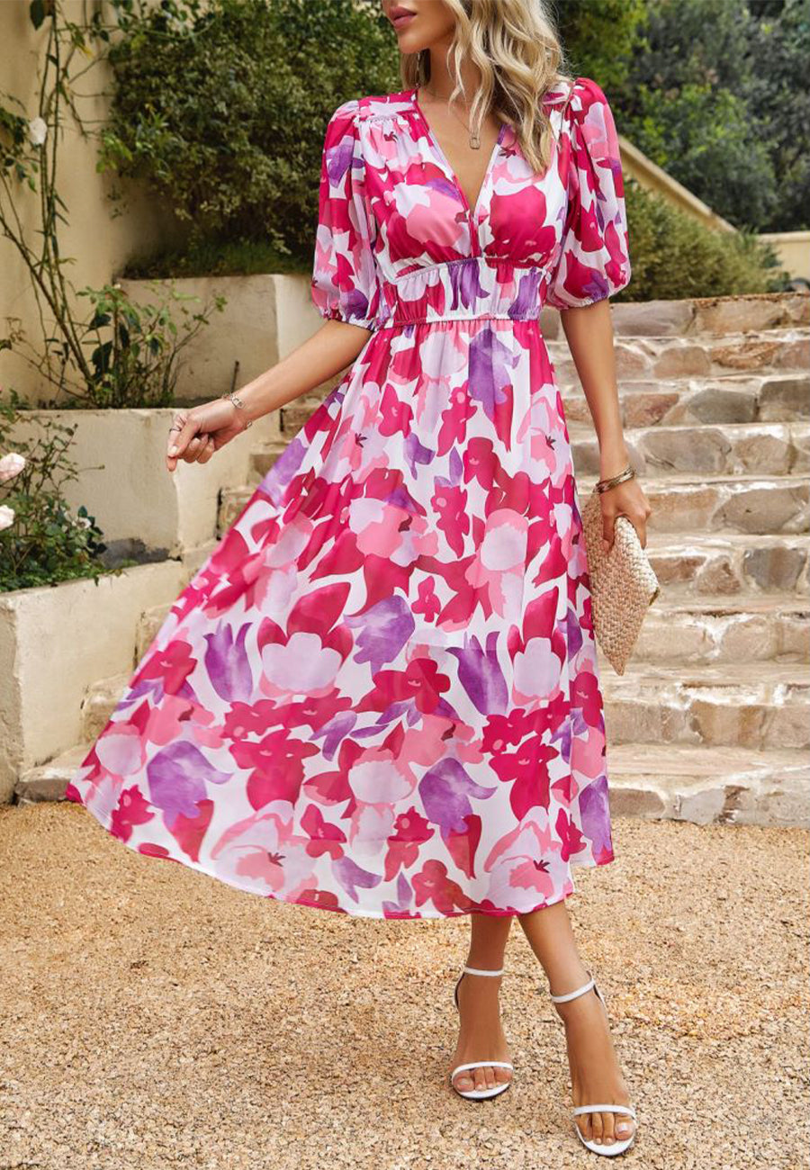 Vestido abullonado estampado con escote pronunciado