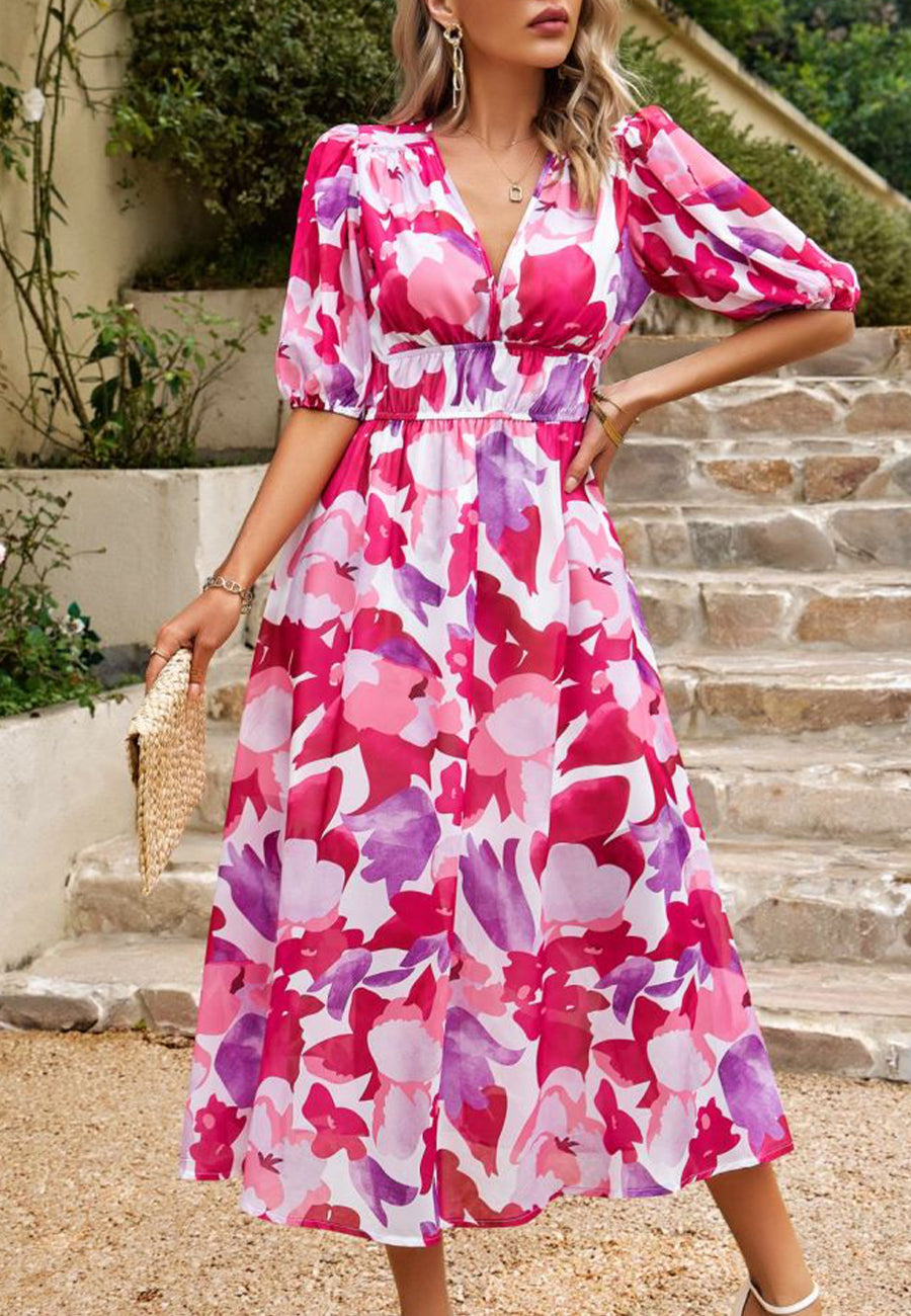 Vestido abullonado estampado con escote pronunciado