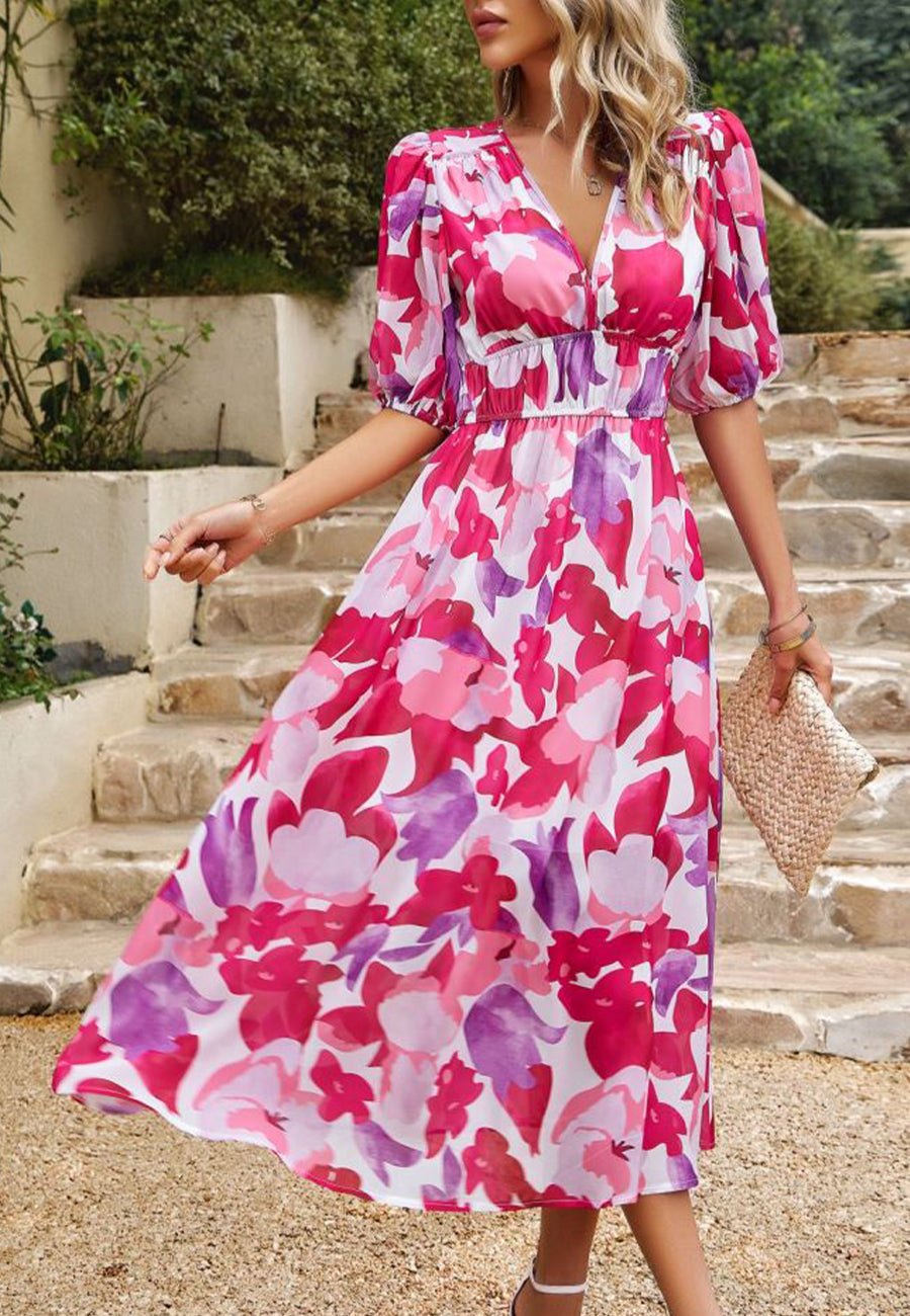 Vestido abullonado estampado con escote pronunciado