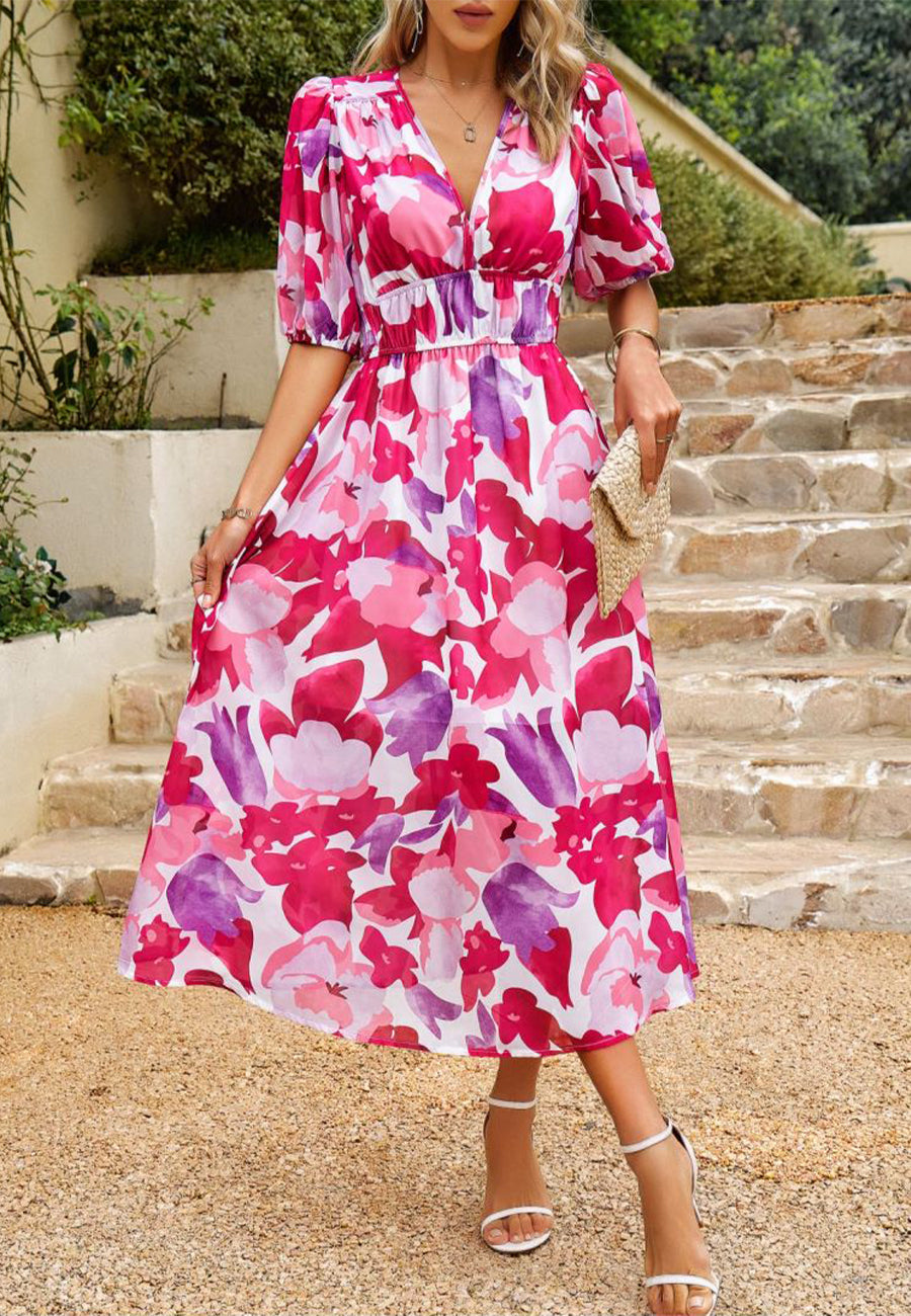 Vestido abullonado estampado con escote pronunciado