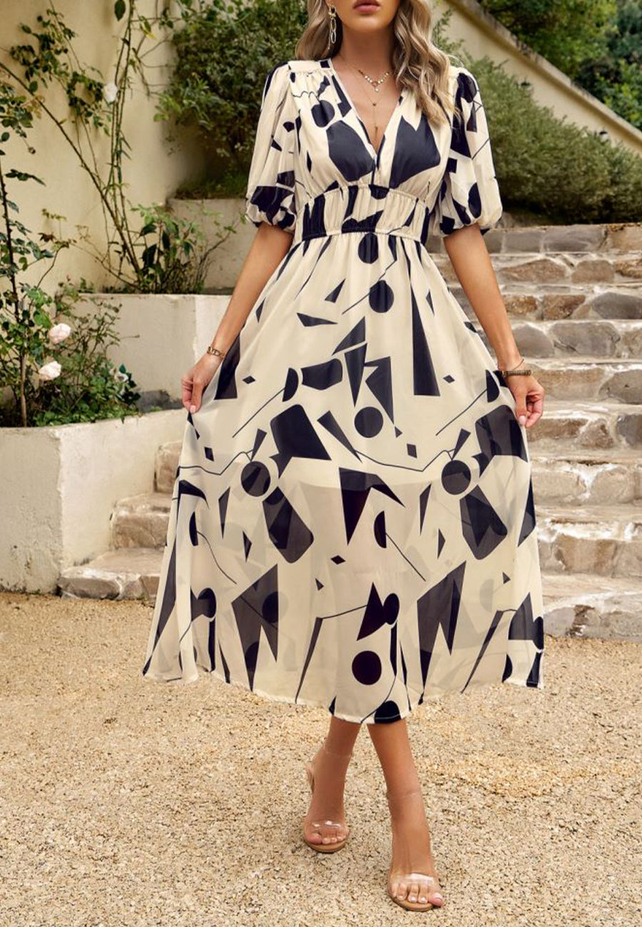 Vestido abullonado estampado con escote pronunciado