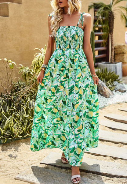 Shirred Floral Print Maxi Dress