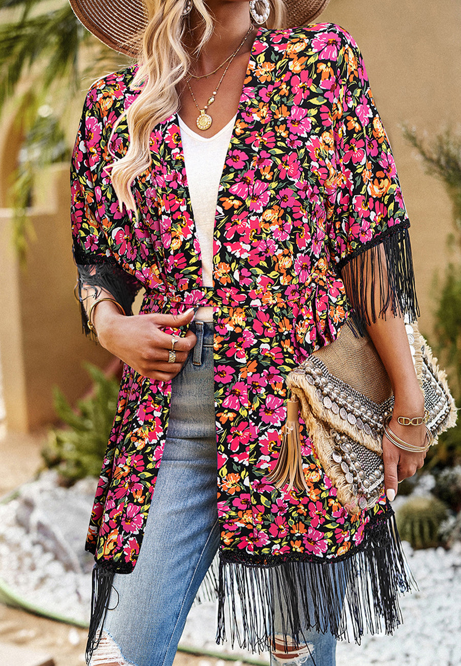 Floral Print Tassel Kimono