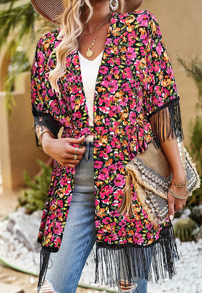 Kimono con borlas y estampado floral
