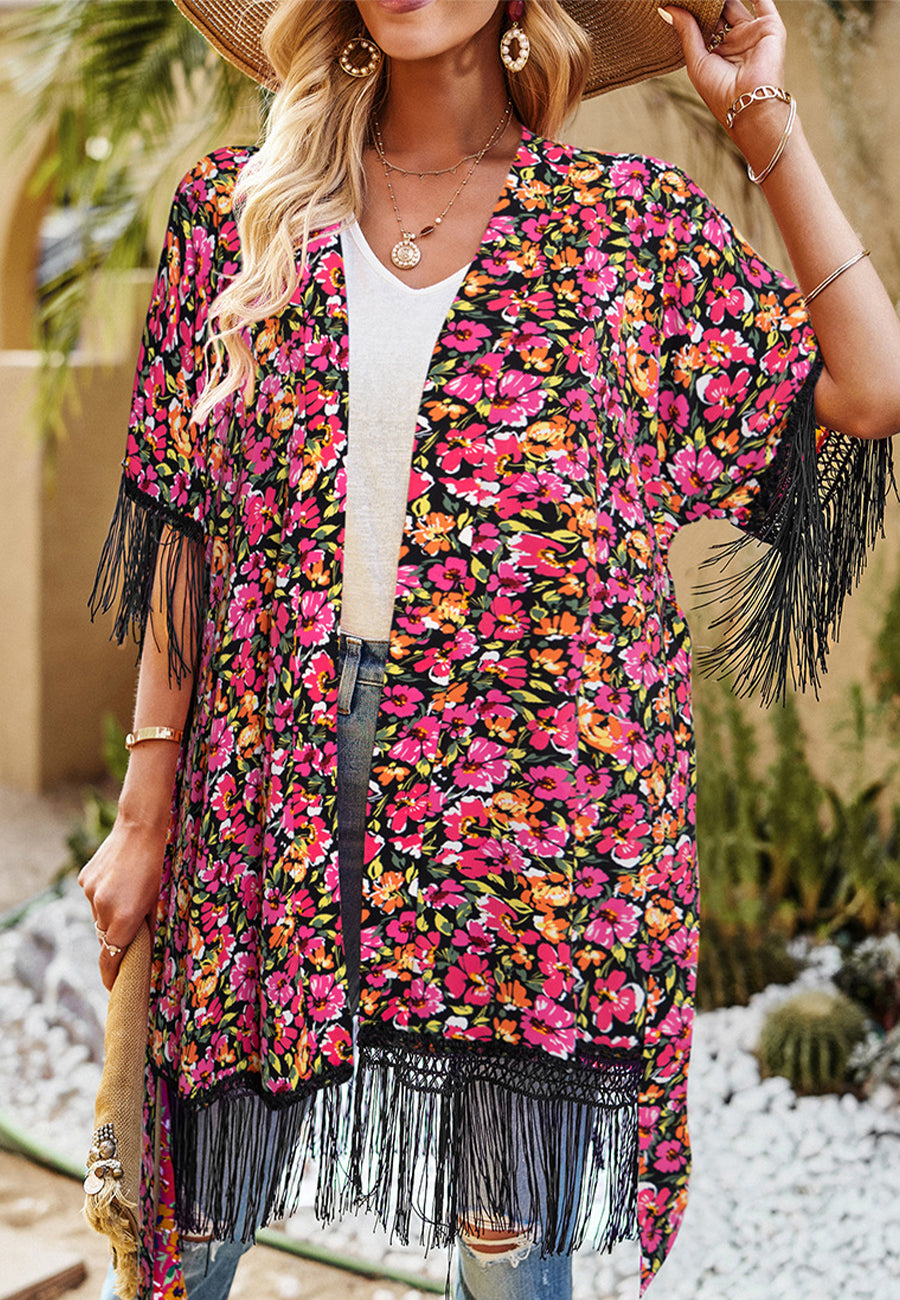 Floral Print Tassel Kimono