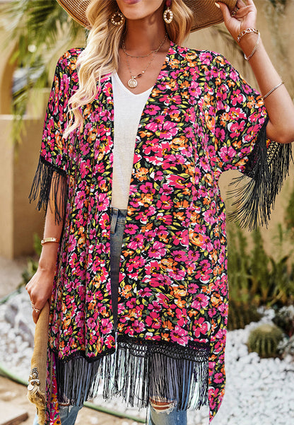 Kimono con borlas y estampado floral