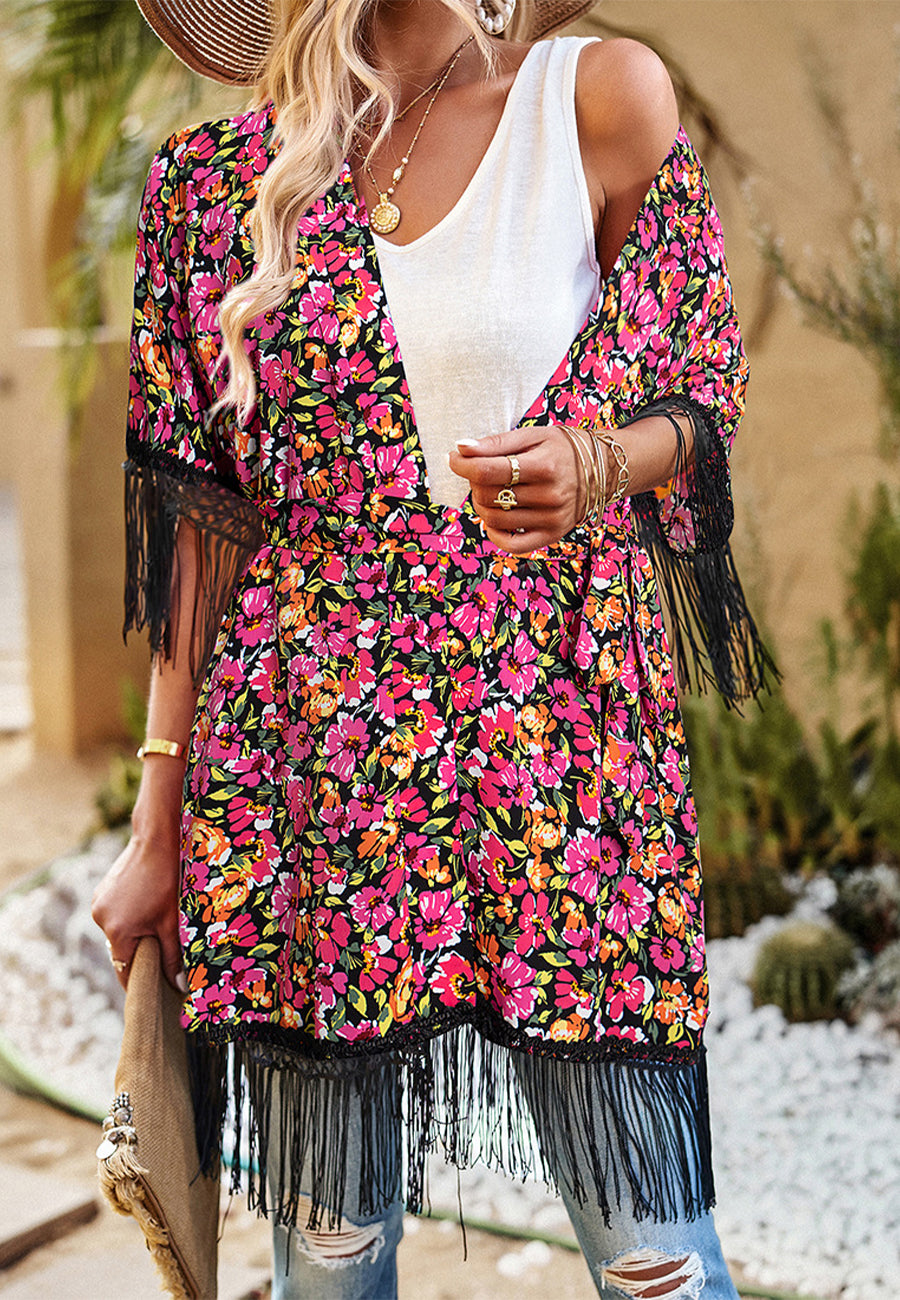Floral Print Tassel Kimono