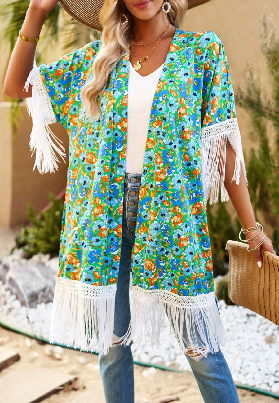 Floral Print Tassel Kimono