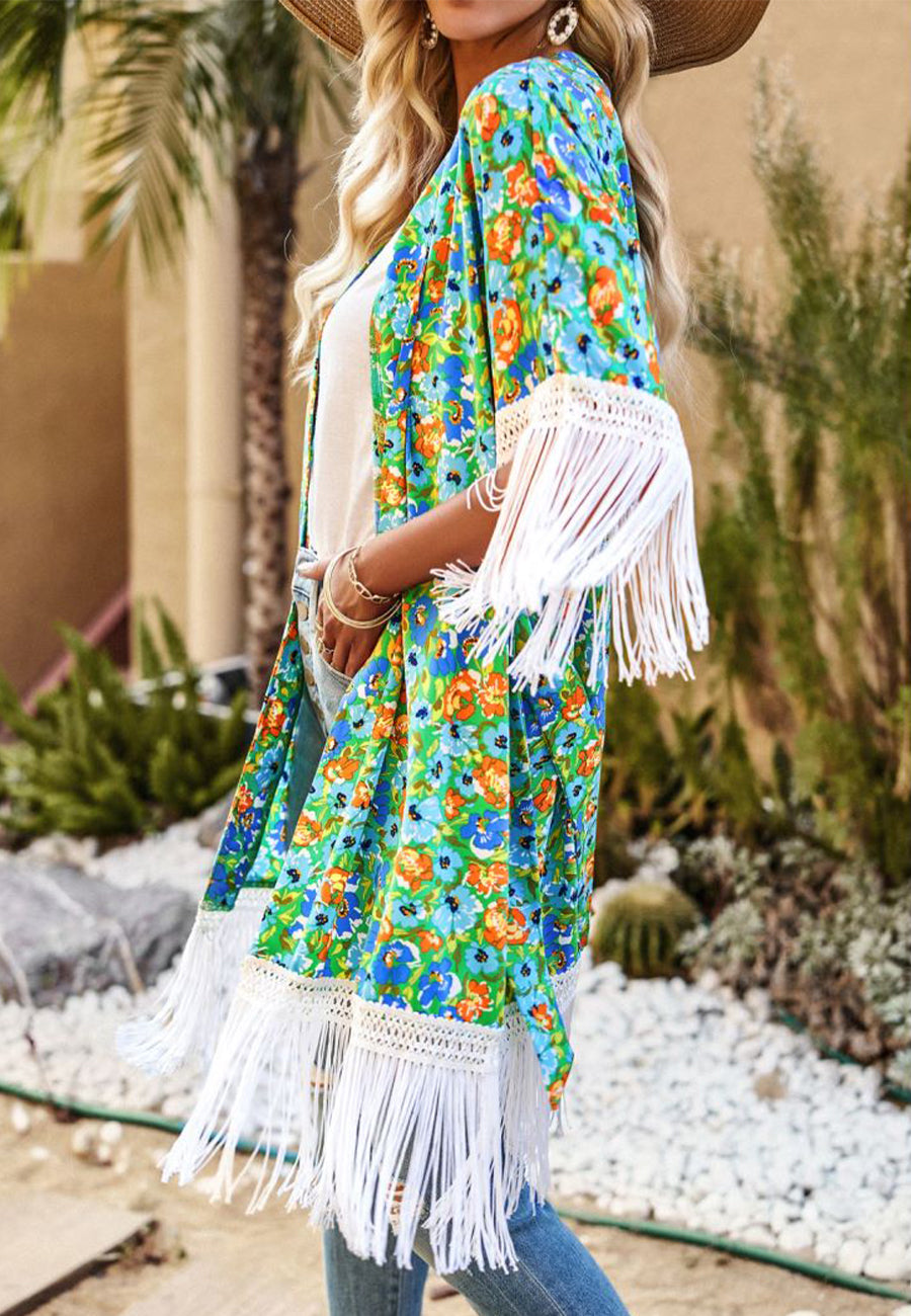 Floral Print Tassel Kimono