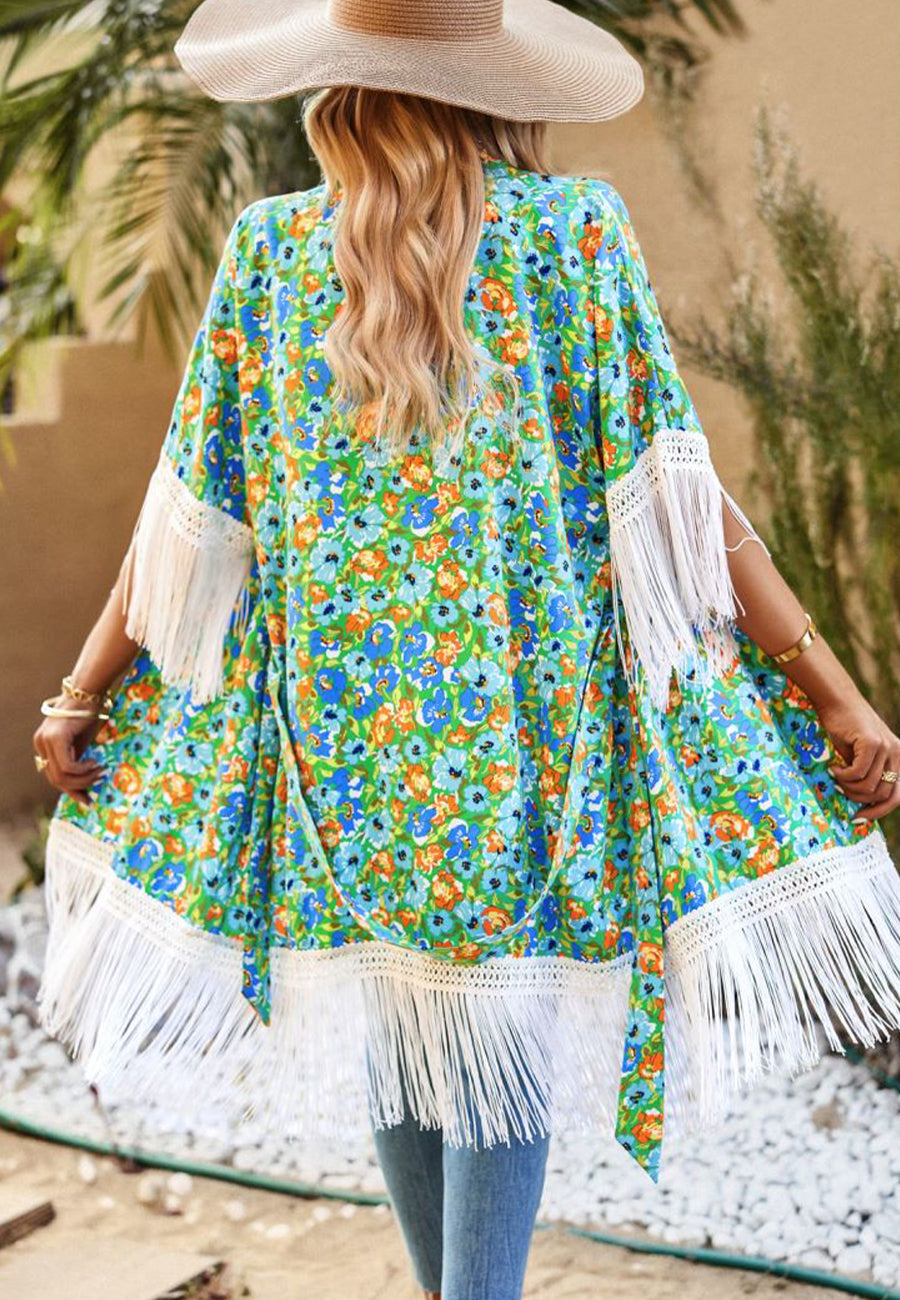 Floral Print Tassel Kimono