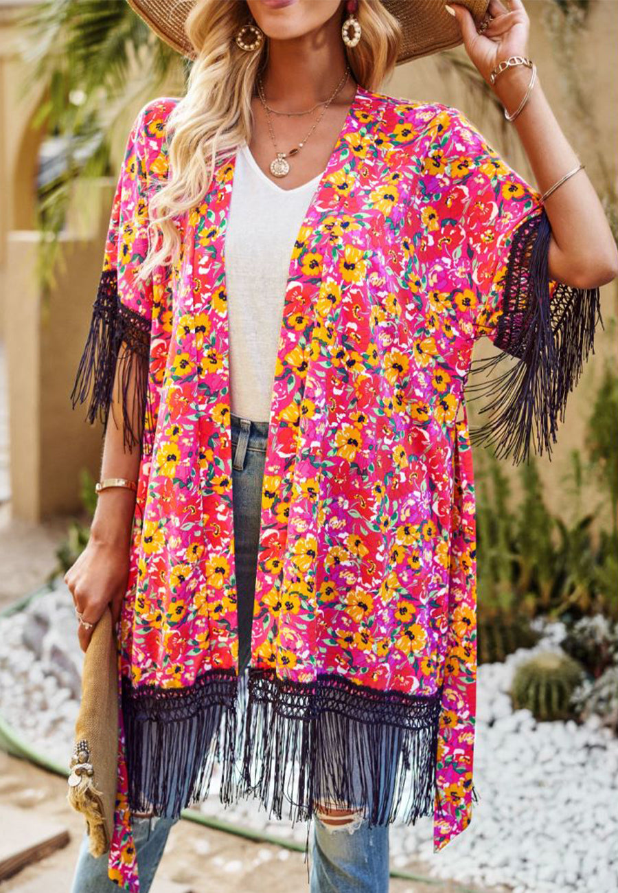 Floral Print Tassel Kimono