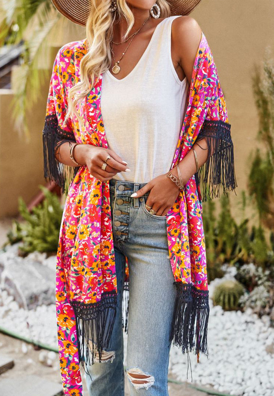 Floral Print Tassel Kimono