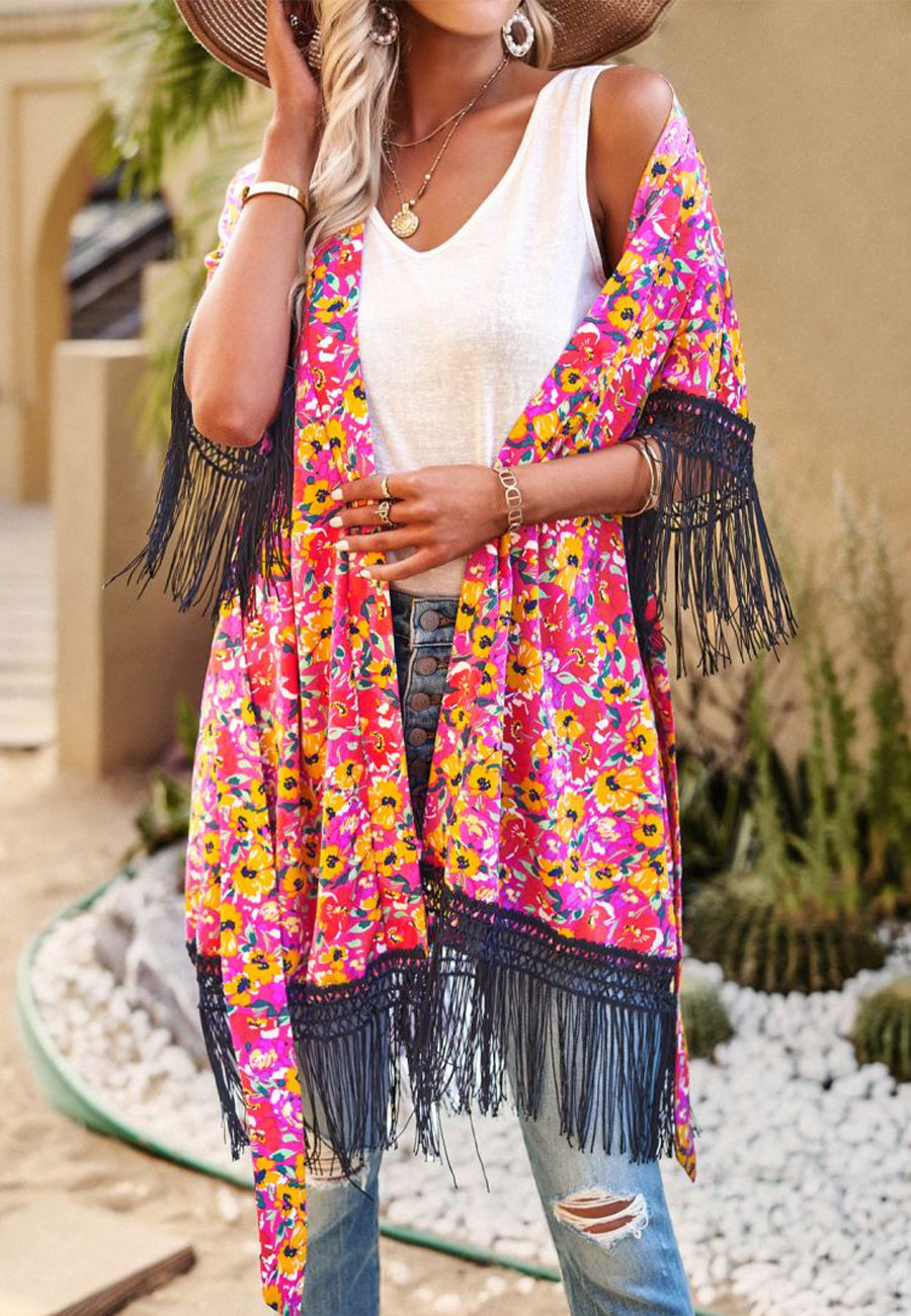 Floral Print Tassel Kimono