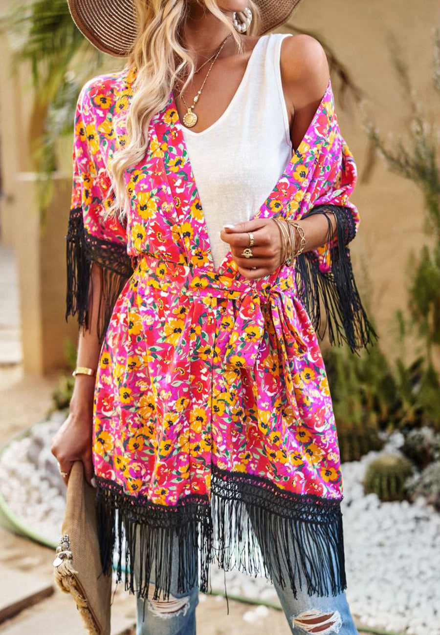 Floral Print Tassel Kimono