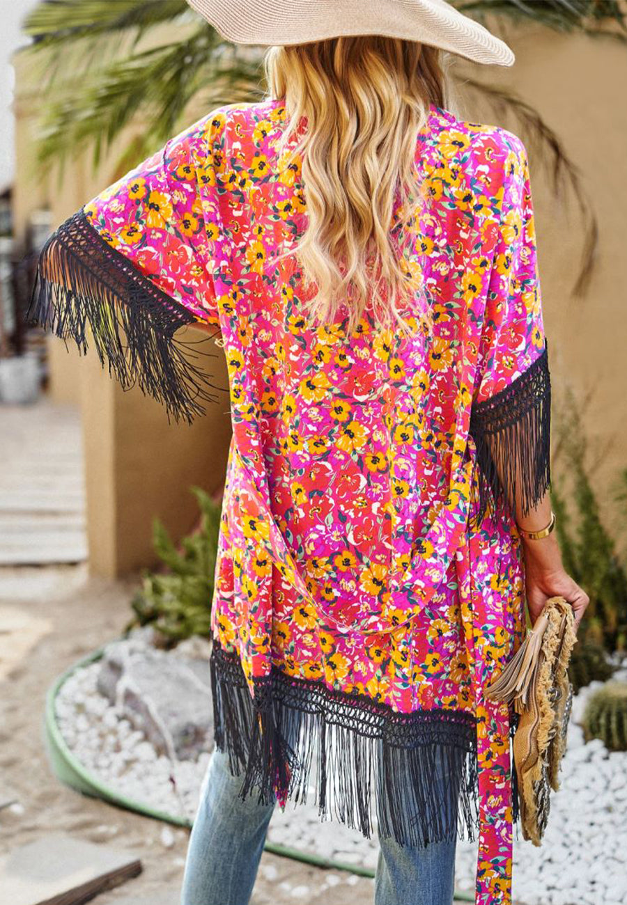 Floral Print Tassel Kimono