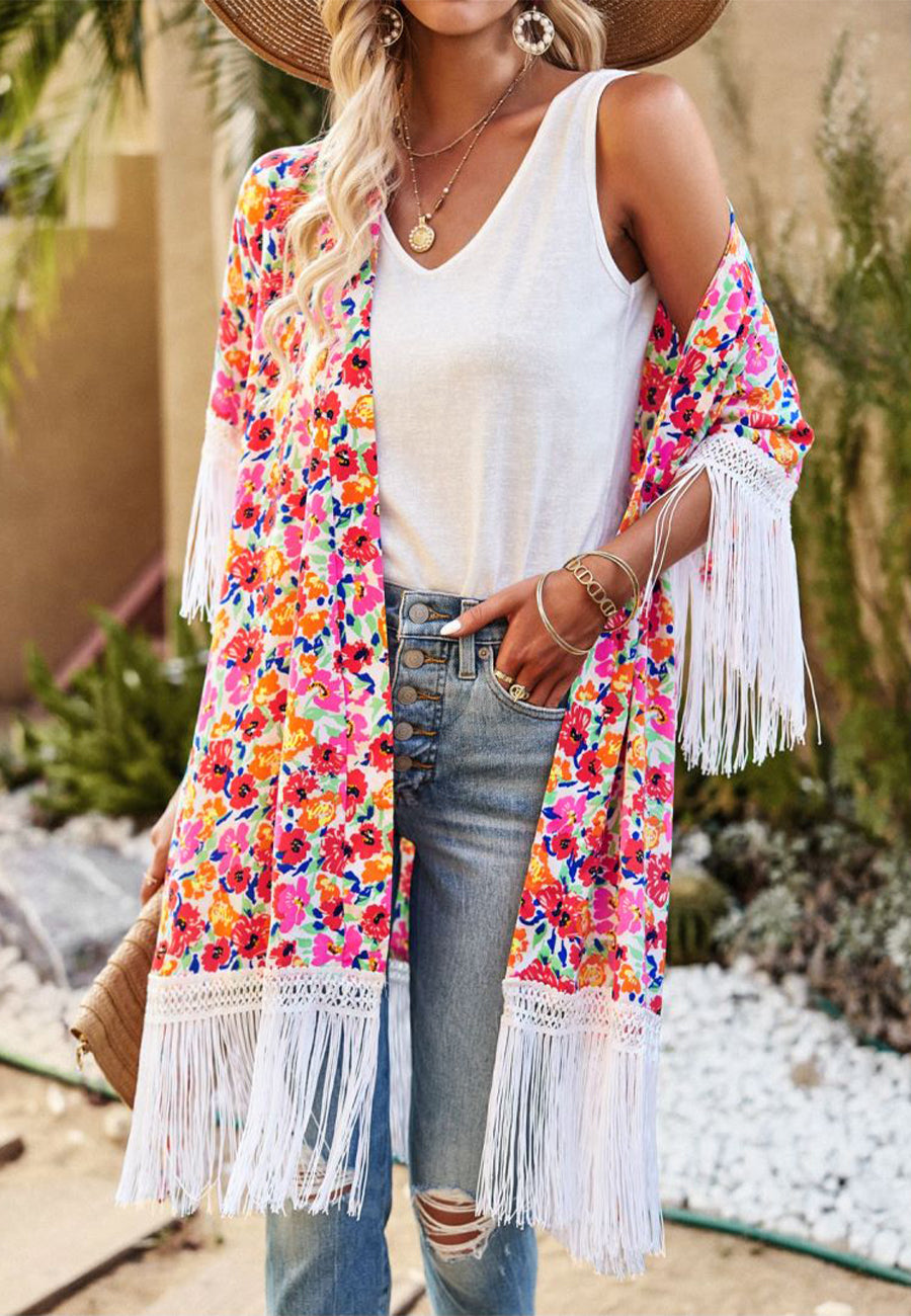 Floral Print Tassel Kimono