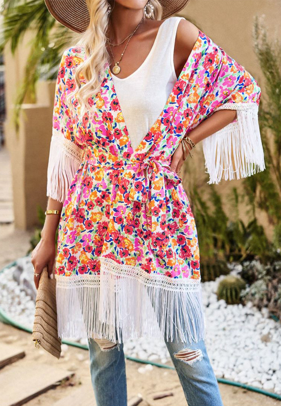 Floral Print Tassel Kimono