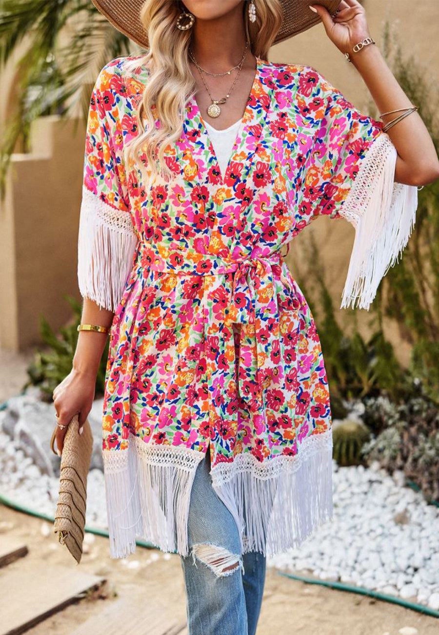 Floral Print Tassel Kimono