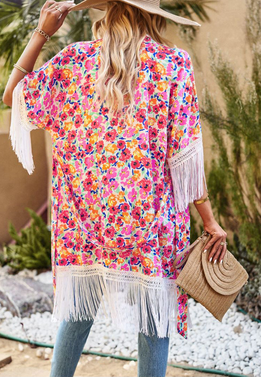 Floral Print Tassel Kimono