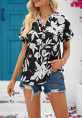 Tropical Floral Split V Neck Blouse