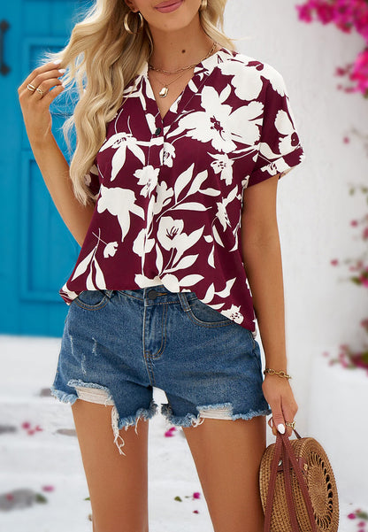 Tropical Floral Split V Neck Blouse