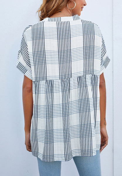 Plaid Pattern Pleated Back Blouse
