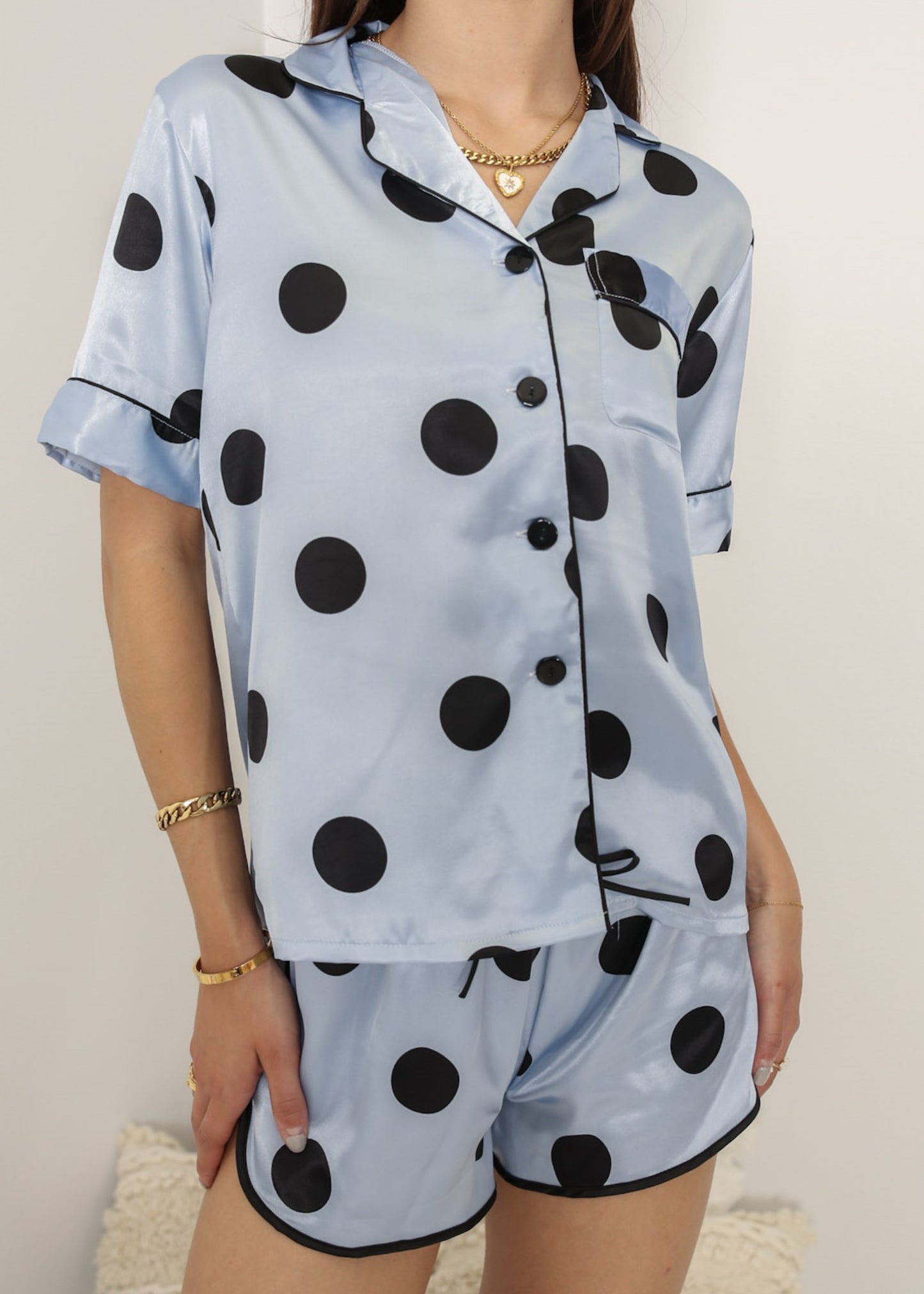 Anna-Kaci Lounge Women's Polka Dot Satin Pajama Set with Short Sleeve Button Top and Drawstring Shorts