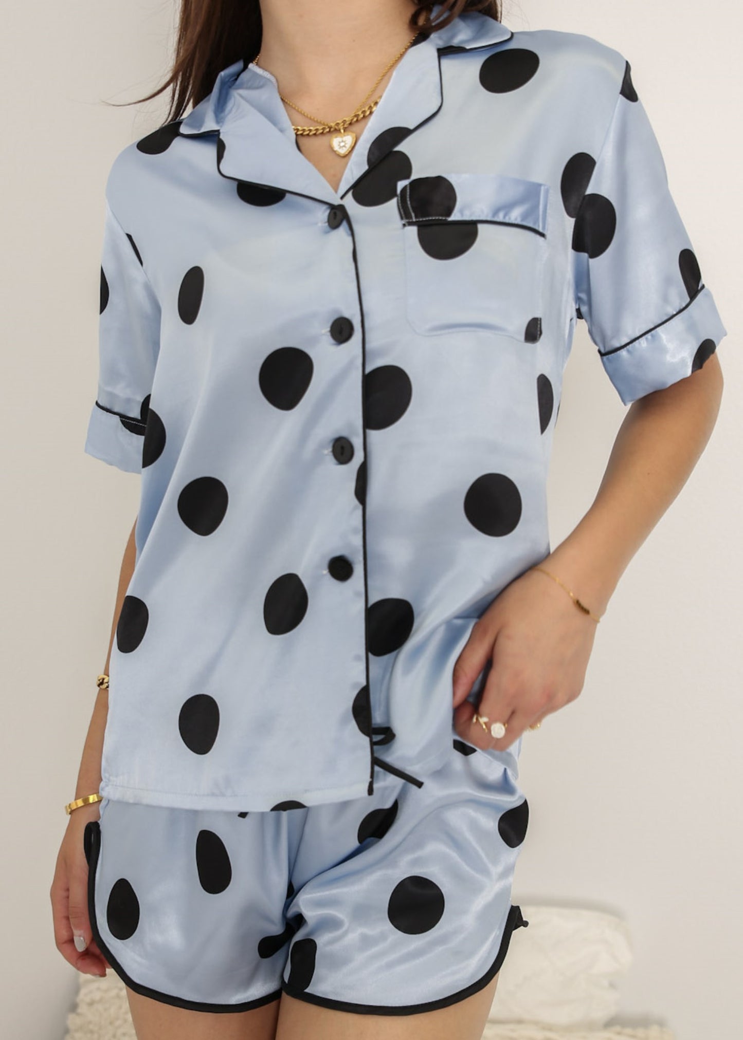 Anna-Kaci Lounge Women's Polka Dot Satin Pajama Set with Short Sleeve Button Top and Drawstring Shorts