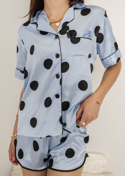 Anna-Kaci Lounge Women's Polka Dot Satin Pajama Set with Short Sleeve Button Top and Drawstring Shorts