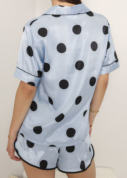 Anna-Kaci Lounge Women's Polka Dot Satin Pajama Set with Short Sleeve Button Top and Drawstring Shorts
