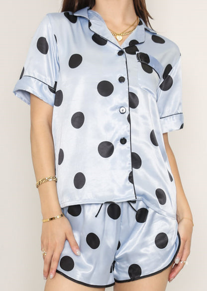 Anna-Kaci Lounge Women's Polka Dot Satin Pajama Set with Short Sleeve Button Top and Drawstring Shorts
