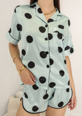 Anna-Kaci Lounge Women's Polka Dot Satin Pajama Set with Short Sleeve Button Top and Drawstring Shorts
