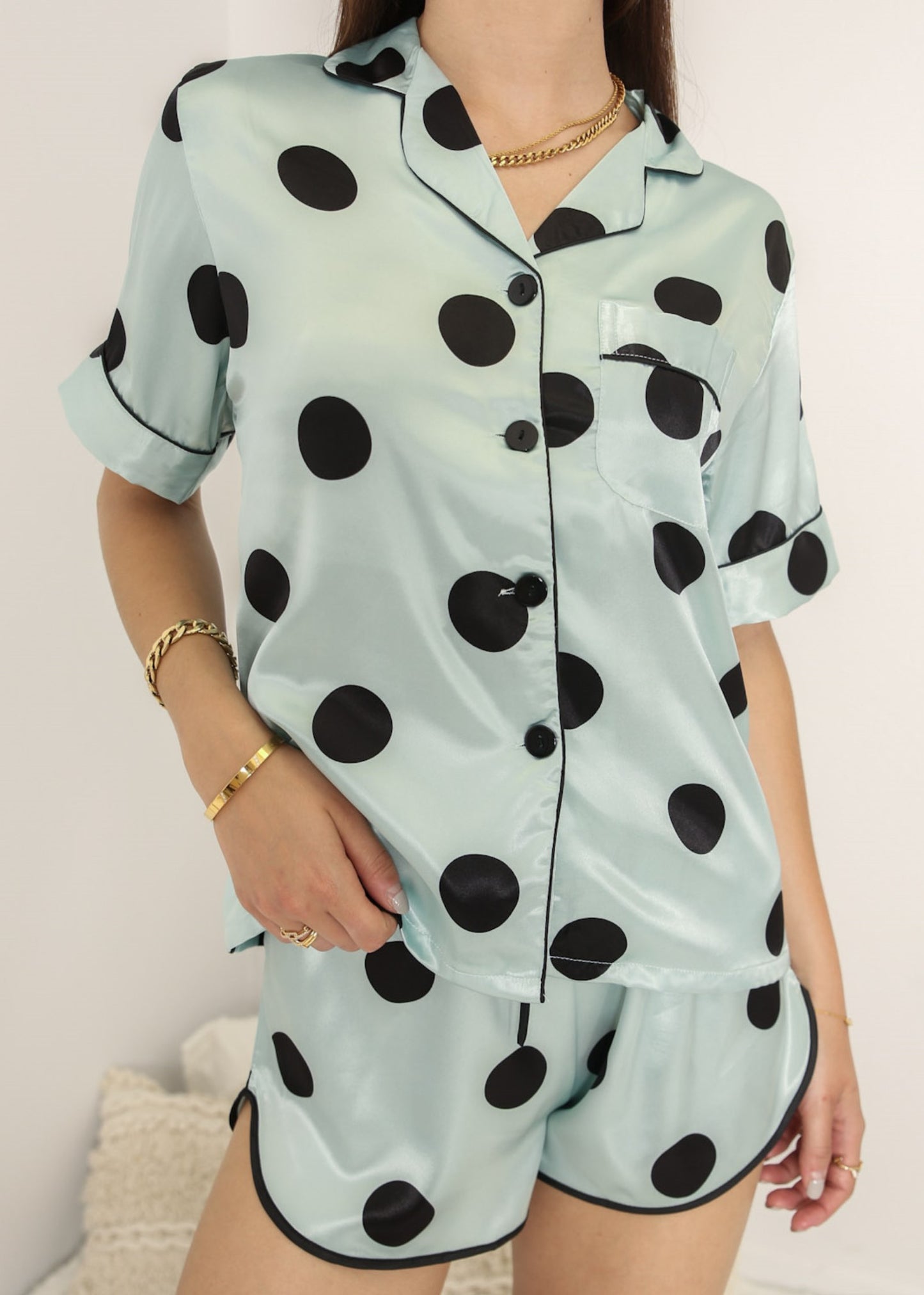 Anna-Kaci Lounge Women's Polka Dot Satin Pajama Set with Short Sleeve Button Top and Drawstring Shorts