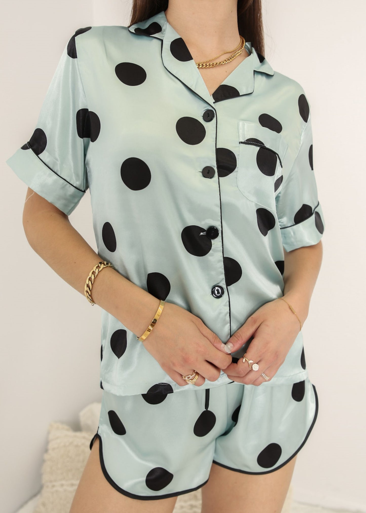 Anna-Kaci Lounge Women's Polka Dot Satin Pajama Set with Short Sleeve Button Top and Drawstring Shorts