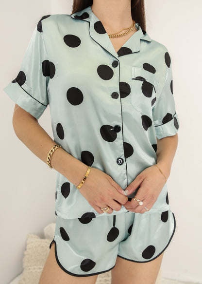 Anna-Kaci Lounge Women's Polka Dot Satin Pajama Set with Short Sleeve Button Top and Drawstring Shorts
