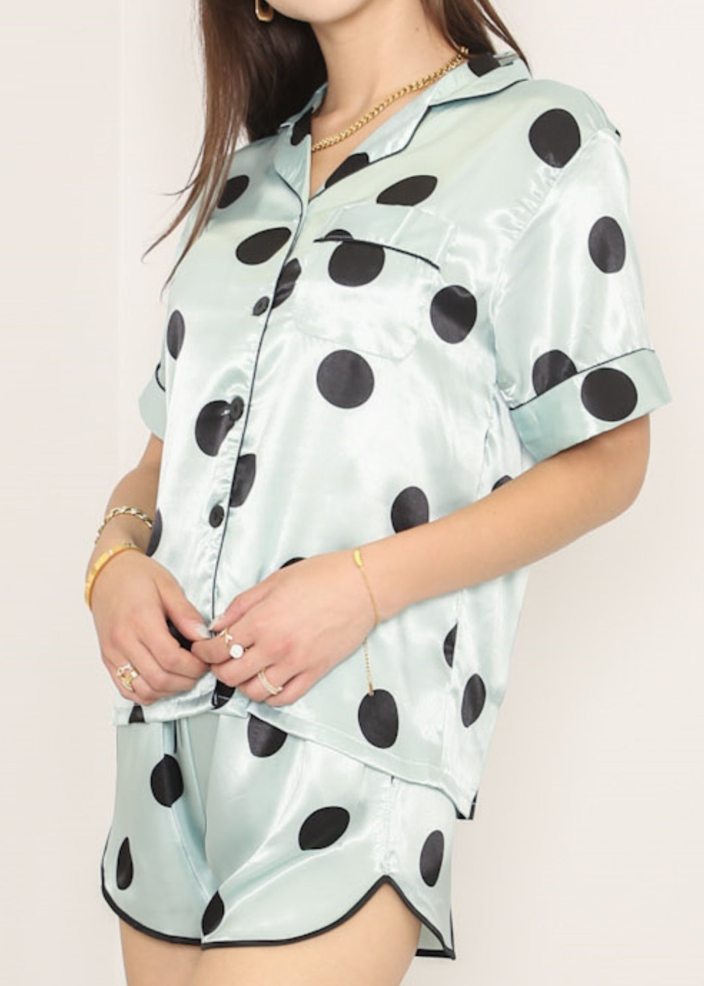 Anna-Kaci Lounge Women's Polka Dot Satin Pajama Set with Short Sleeve Button Top and Drawstring Shorts