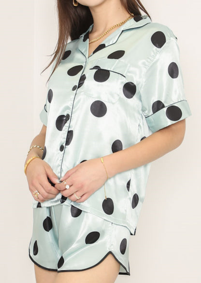 Anna-Kaci Lounge Women's Polka Dot Satin Pajama Set with Short Sleeve Button Top and Drawstring Shorts