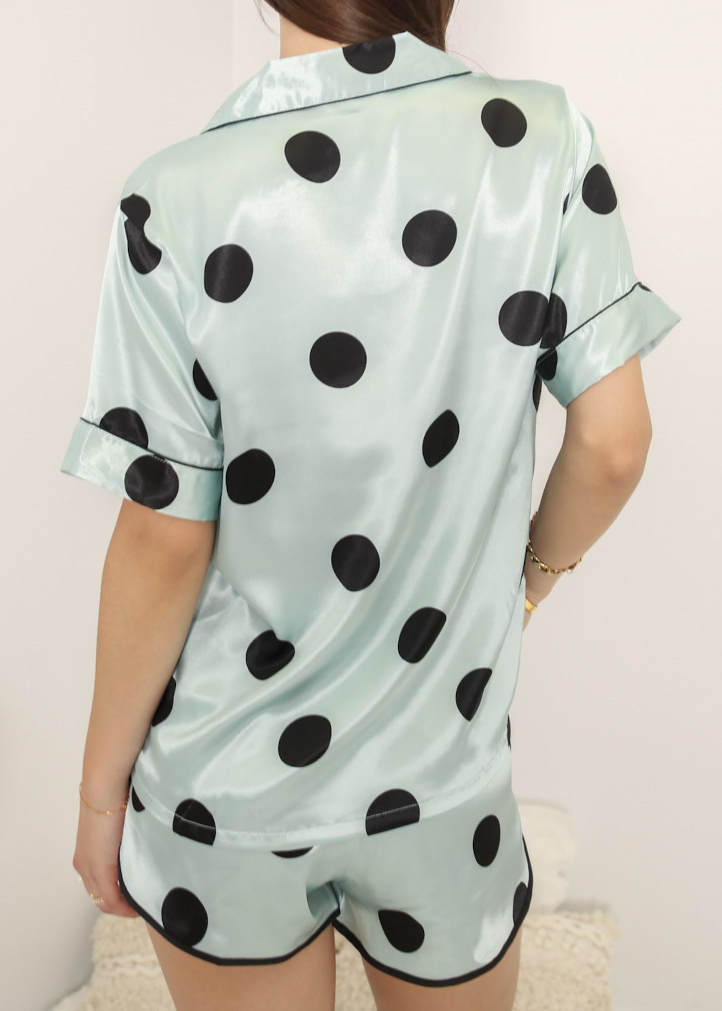 Anna-Kaci Lounge Women's Polka Dot Satin Pajama Set with Short Sleeve Button Top and Drawstring Shorts