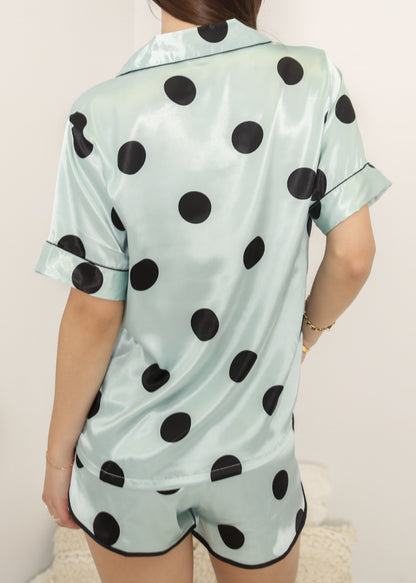 Anna-Kaci Lounge Women's Polka Dot Satin Pajama Set with Short Sleeve Button Top and Drawstring Shorts