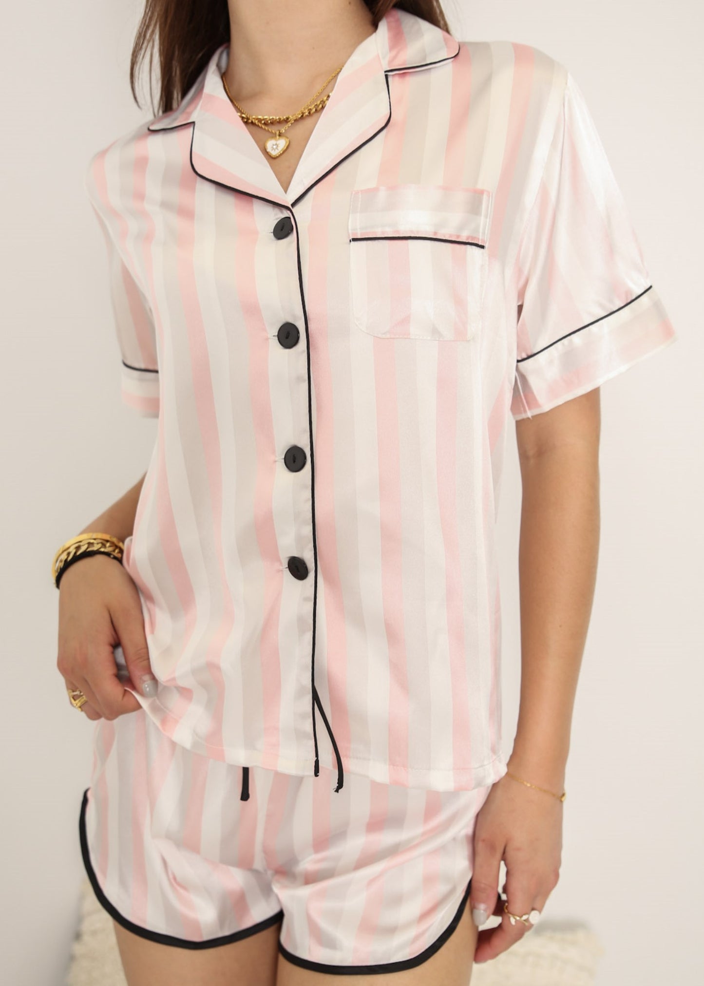 Anna-Kaci Lounge Women's Polka Dot Satin Pajama Set with Short Sleeve Button Top and Drawstring Shorts