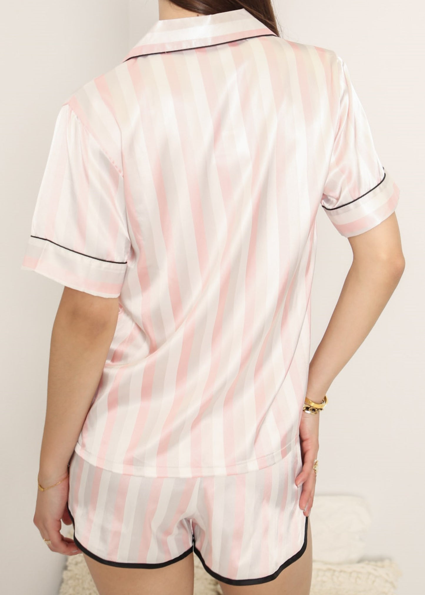 Anna-Kaci Lounge Women's Polka Dot Satin Pajama Set with Short Sleeve Button Top and Drawstring Shorts