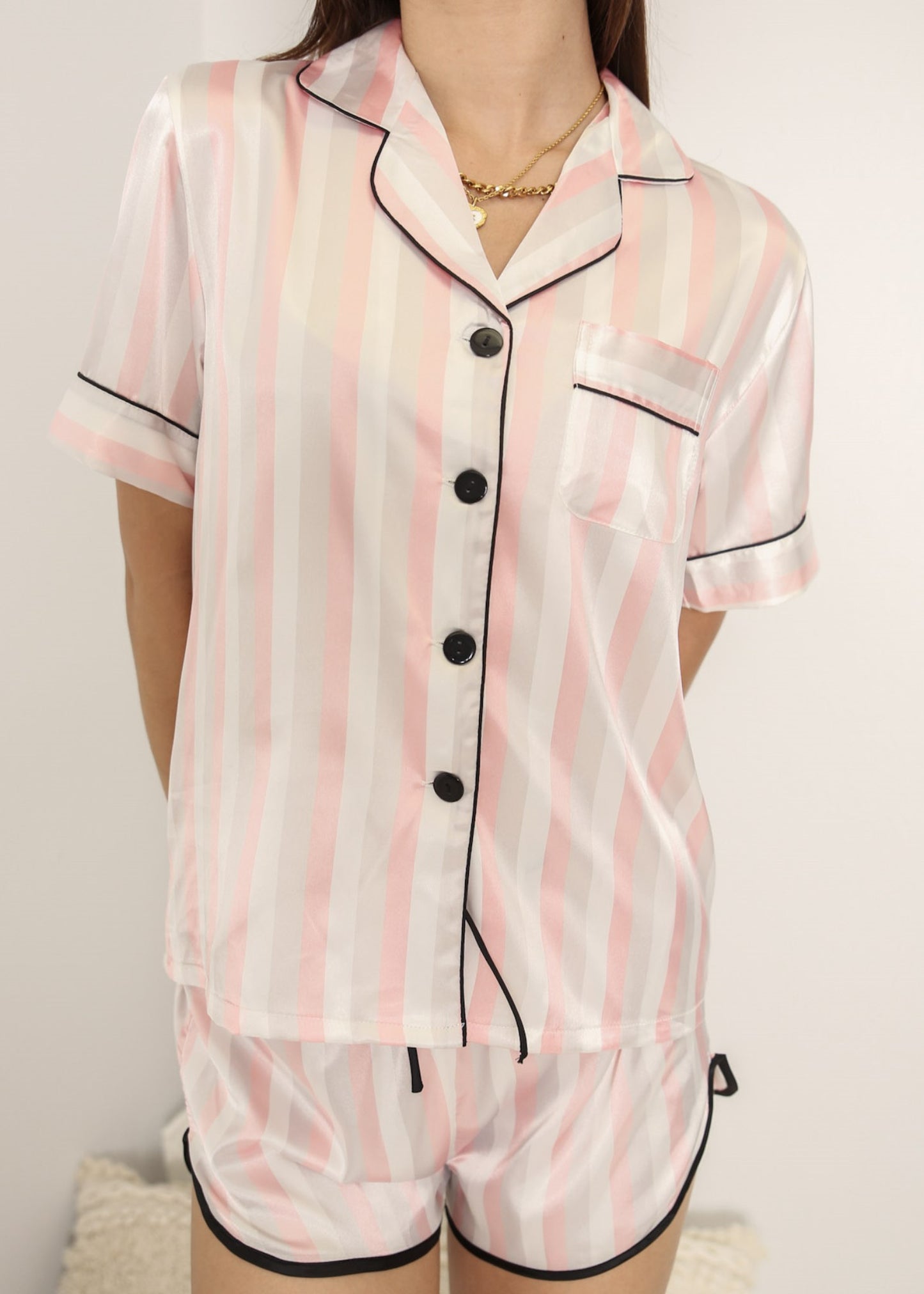 Anna-Kaci Lounge Women's Polka Dot Satin Pajama Set with Short Sleeve Button Top and Drawstring Shorts