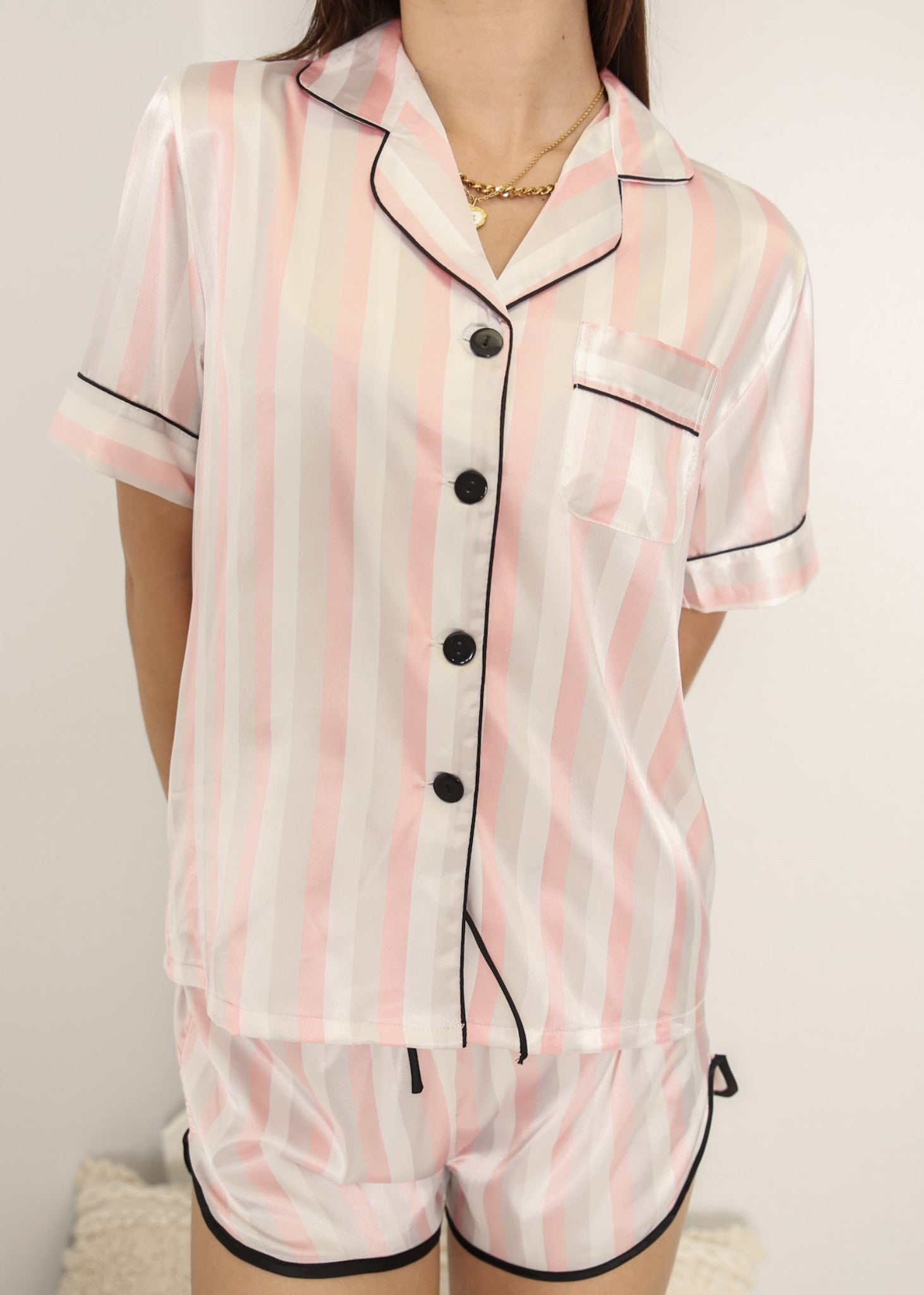 Anna-Kaci Lounge Women's Polka Dot Satin Pajama Set with Short Sleeve Button Top and Drawstring Shorts