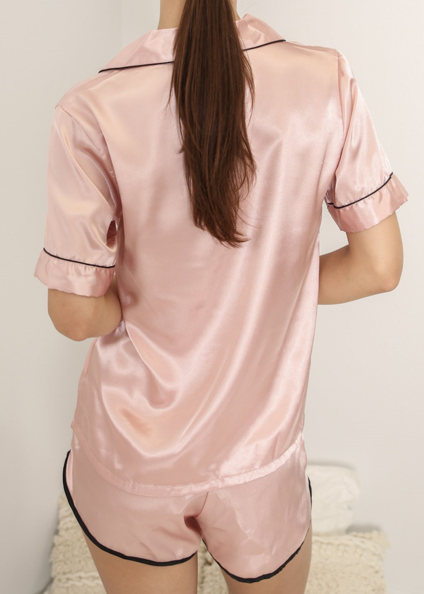 Anna-Kaci Lounge Women's Polka Dot Satin Pajama Set with Short Sleeve Button Top and Drawstring Shorts