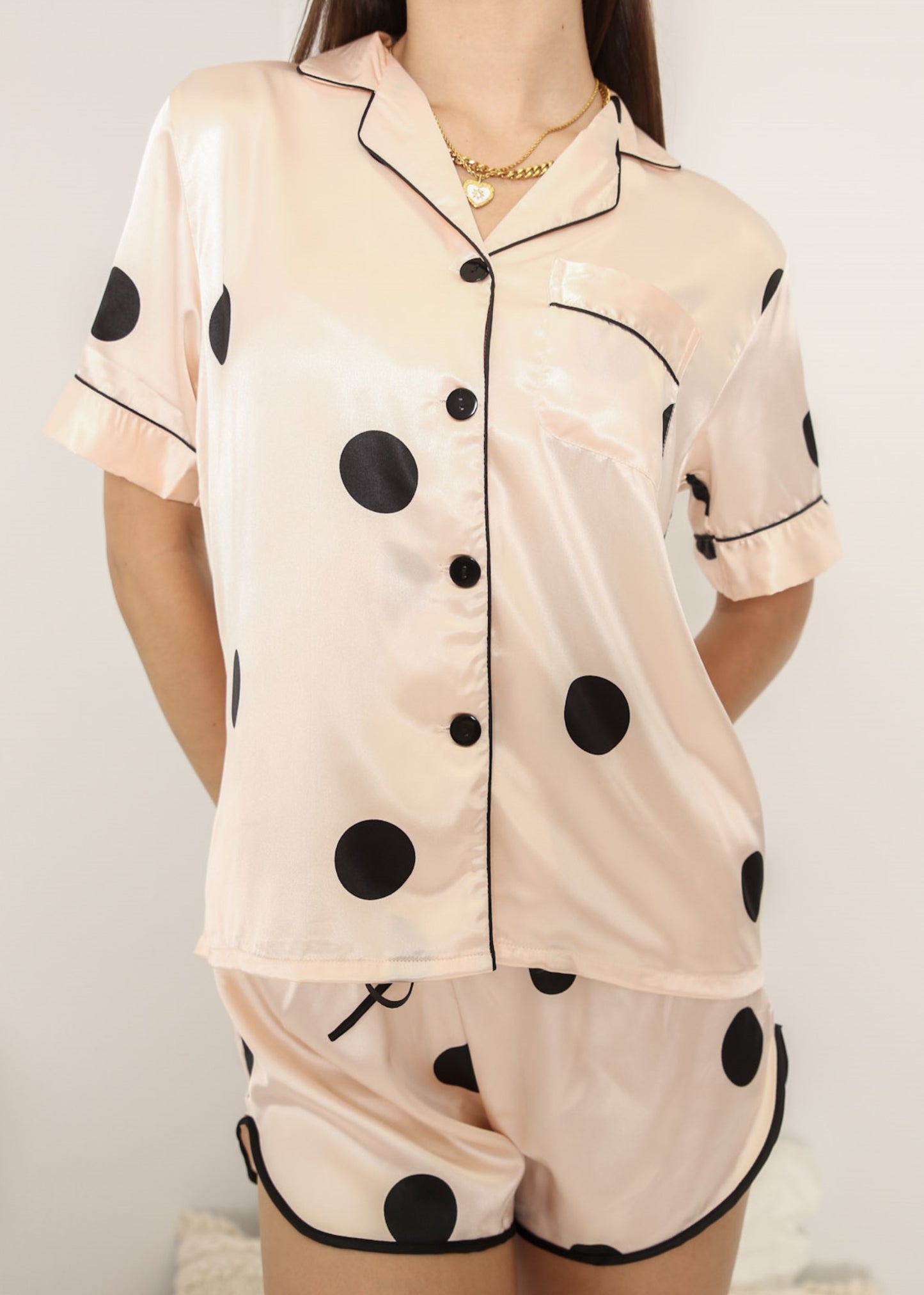 Anna-Kaci Lounge Women's Polka Dot Satin Pajama Set with Short Sleeve Button Top and Drawstring Shorts