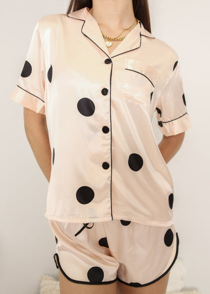 Anna-Kaci Lounge Women's Polka Dot Satin Pajama Set with Short Sleeve Button Top and Drawstring Shorts