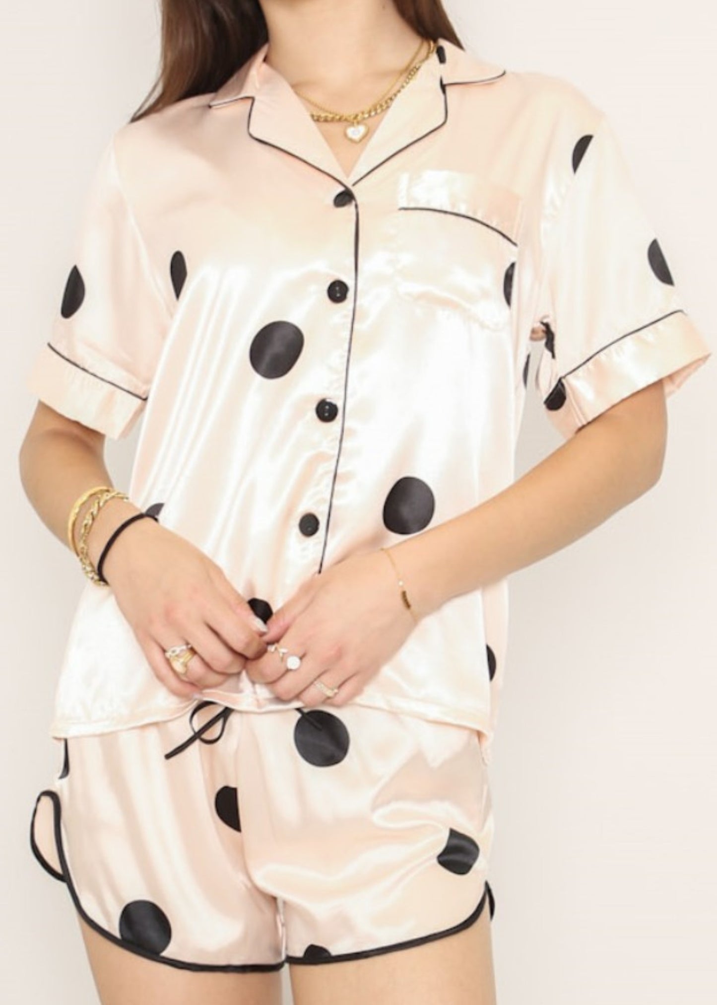 Anna-Kaci Lounge Women's Polka Dot Satin Pajama Set with Short Sleeve Button Top and Drawstring Shorts