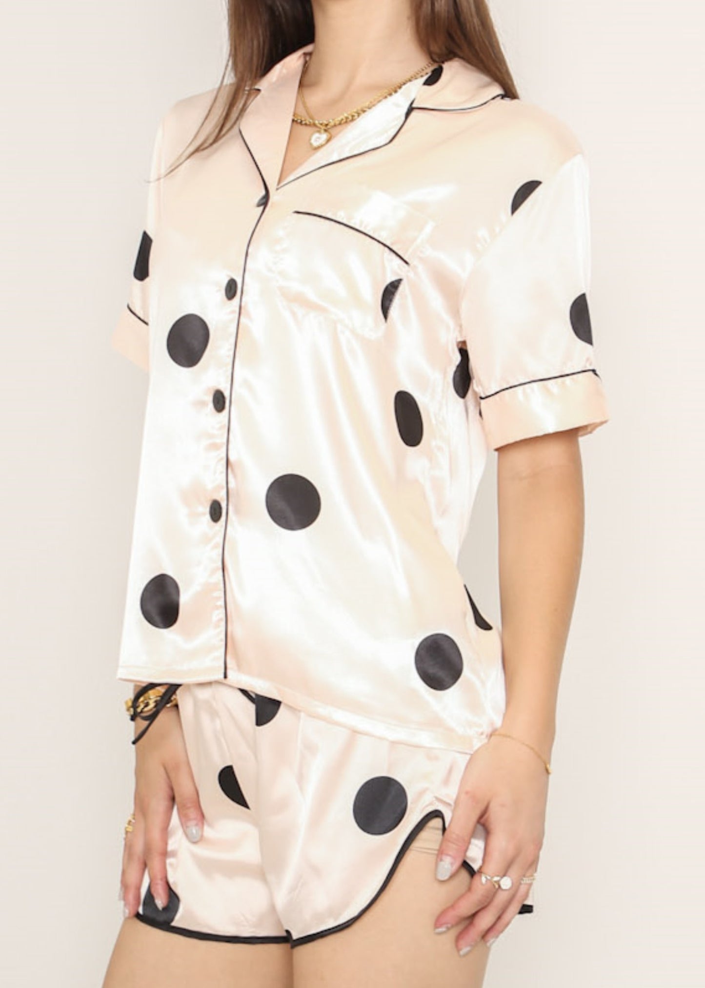 Anna-Kaci Lounge Women's Polka Dot Satin Pajama Set with Short Sleeve Button Top and Drawstring Shorts