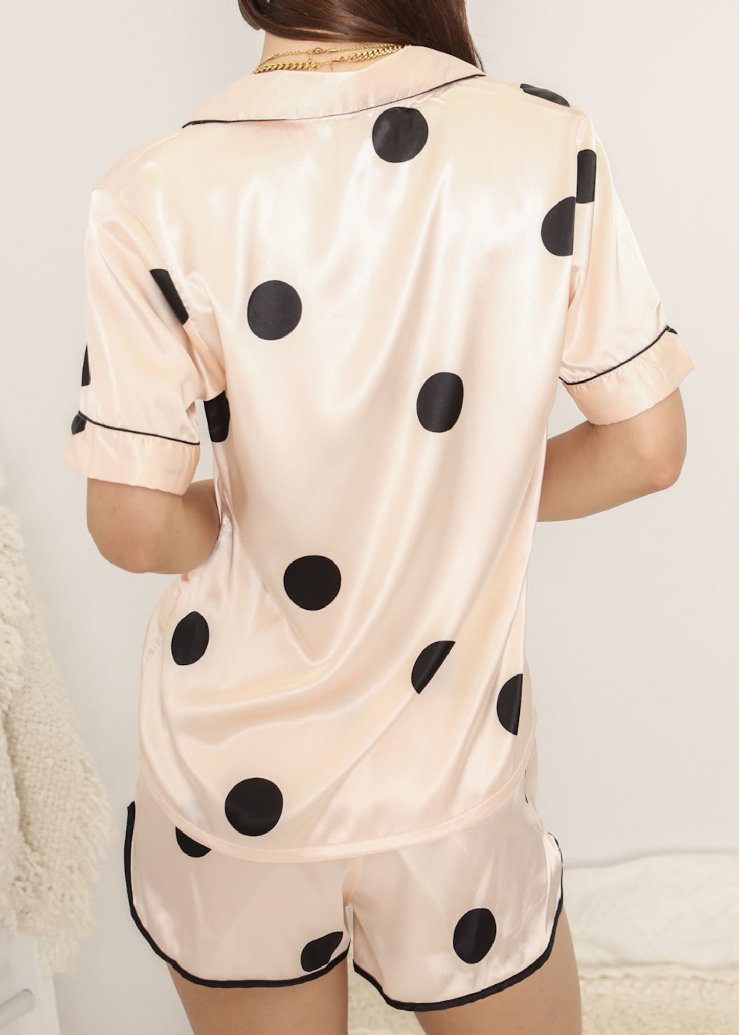 Anna-Kaci Lounge Women's Polka Dot Satin Pajama Set with Short Sleeve Button Top and Drawstring Shorts